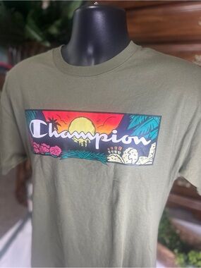 NWT Champion Olive Green Tee with Colorful Sunset Graphic Size M